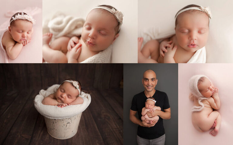 baby posing with dog and family for a newborn photography session