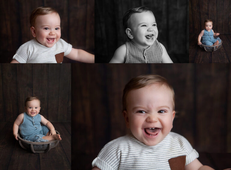 Smiling happy one year old baby for his first birthday cake smash photoshoot