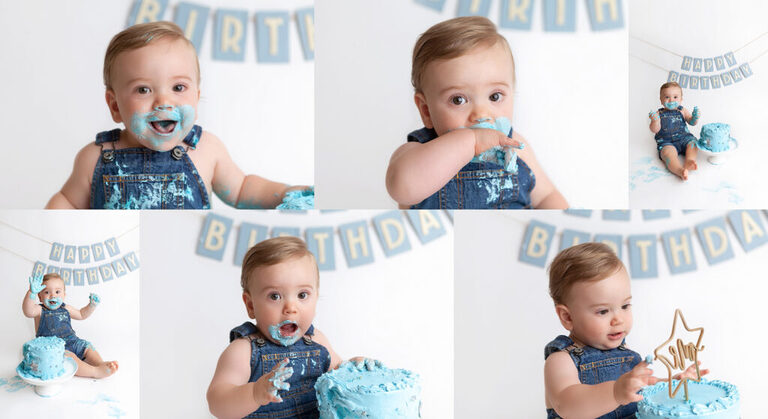 Baby eating a cake for his first birthday cake smash photoshoot